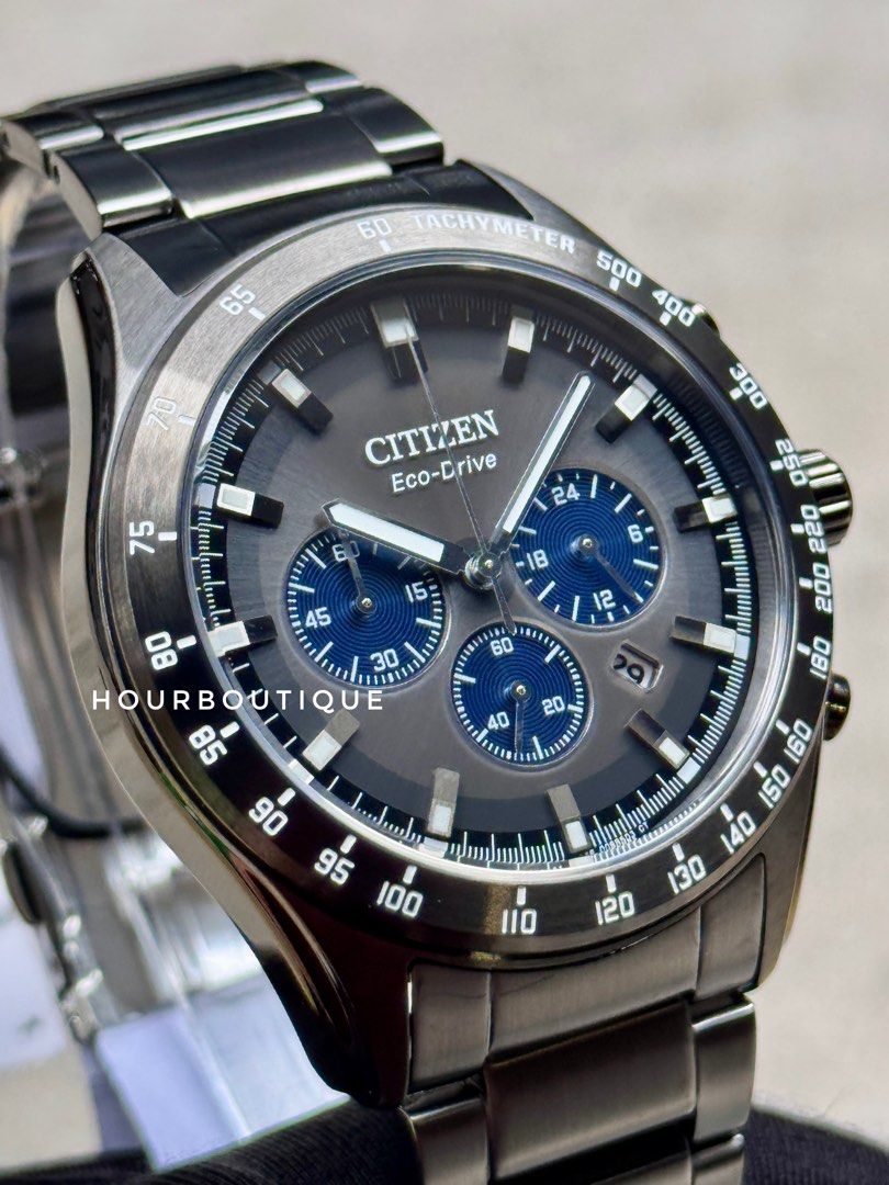 Brand New Citizen PVD Black Case Eco-Drive Chronograph Watch CA4677-50H