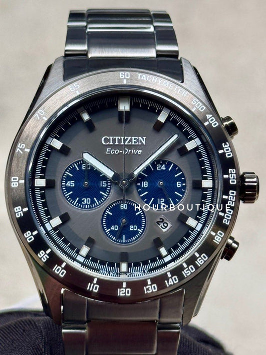 Brand New Citizen PVD Black Case Eco-Drive Chronograph Watch CA4677-50H