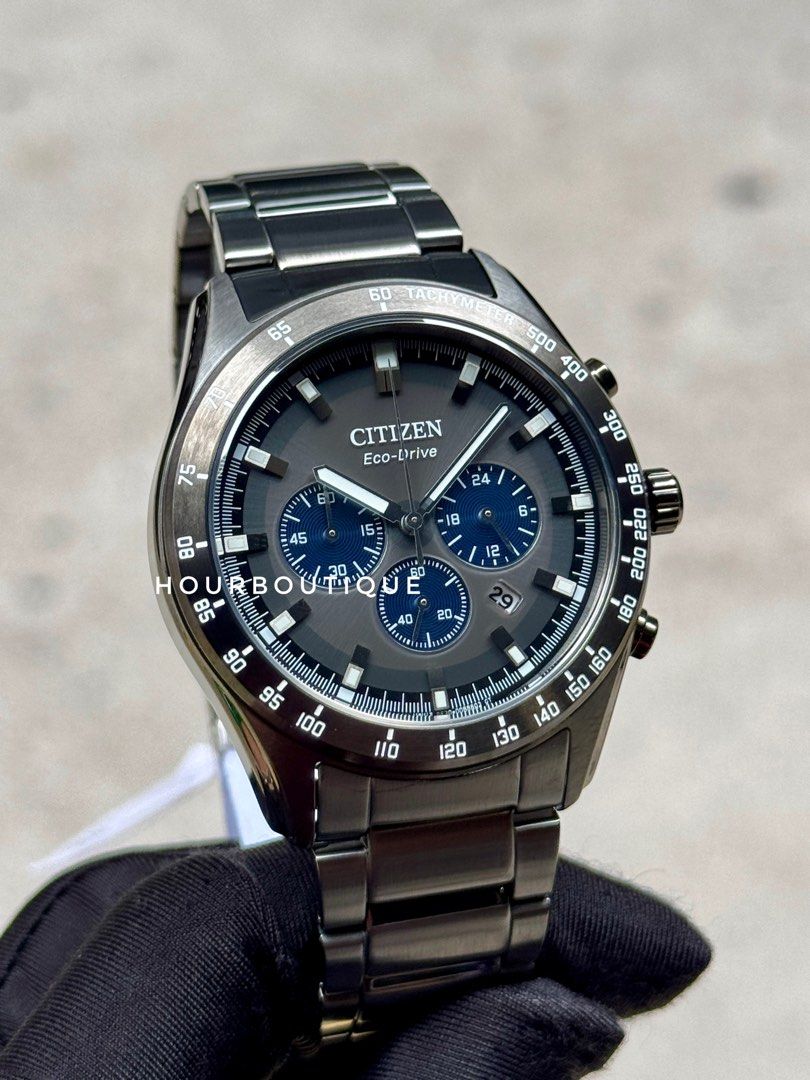 Brand New Citizen PVD Black Case Eco-Drive Chronograph Watch CA4677-50H