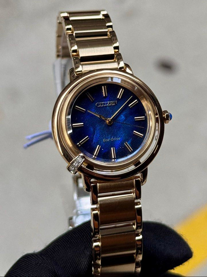 Brand New Citizen PVD Gold Lady’s Blue Pearl Dial Watch EM1099-57L