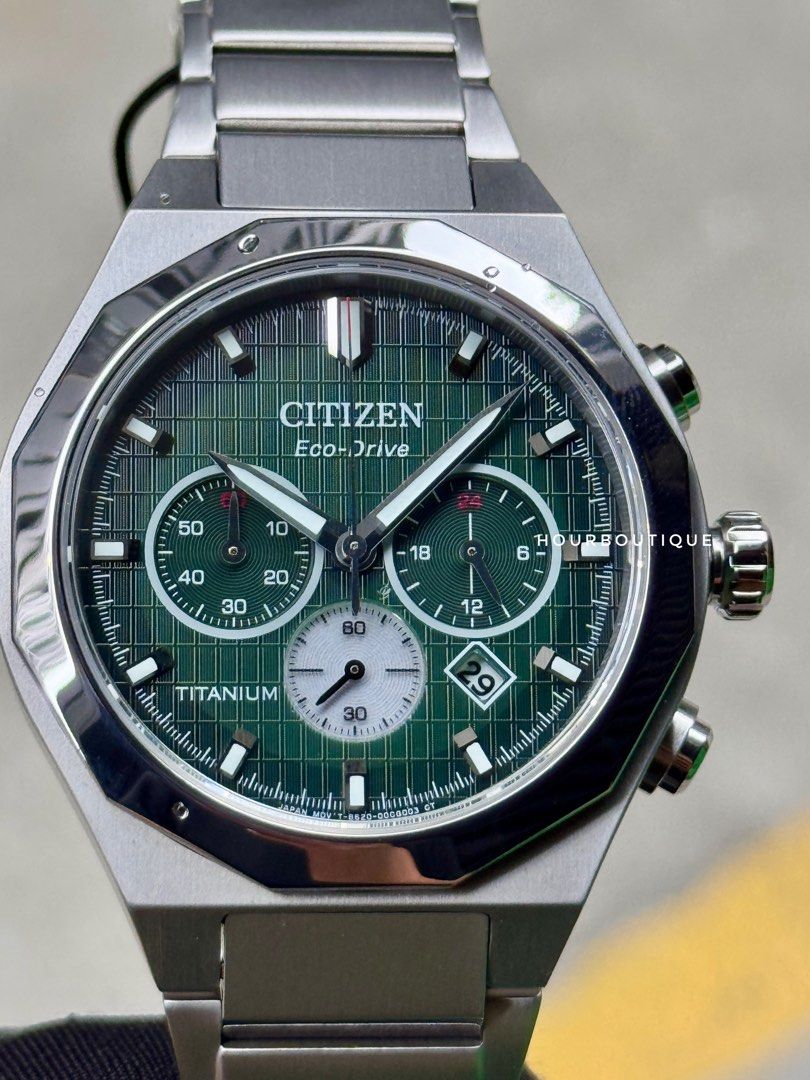 Brand New Citizen ZenShin Super Titanium Case Eco-Drive Chronograph Green Dial Watch CA4691-59X