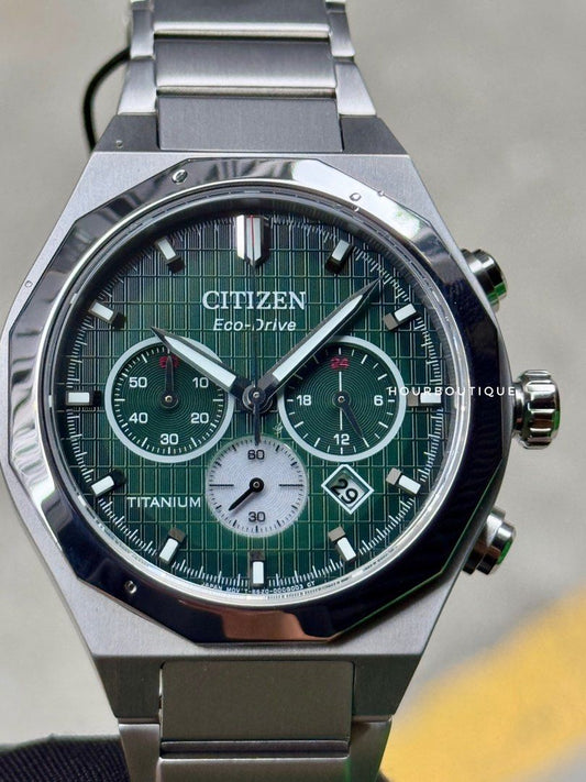 Brand New Citizen ZenShin Super Titanium Case Eco-Drive Chronograph Green Dial Watch CA4691-59X
