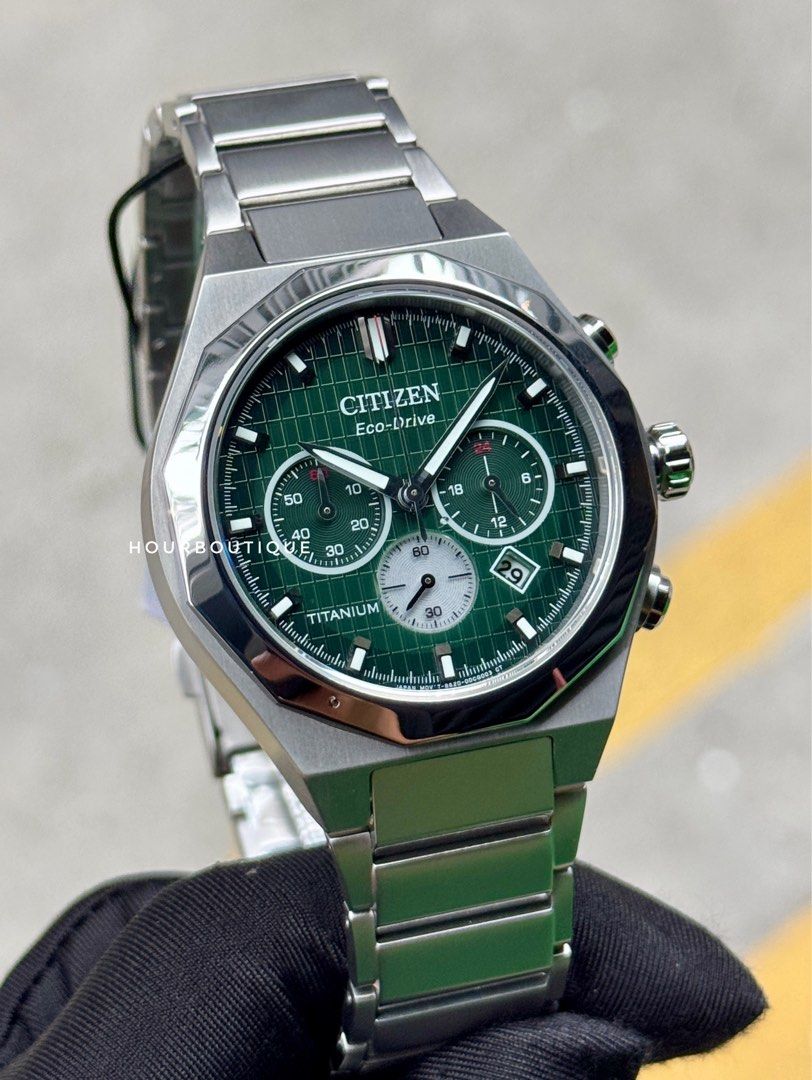 Brand New Citizen ZenShin Super Titanium Case Eco-Drive Chronograph Green Dial Watch CA4691-59X