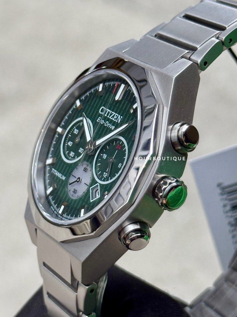 Brand New Citizen ZenShin Super Titanium Case Eco-Drive Chronograph Green Dial Watch CA4691-59X