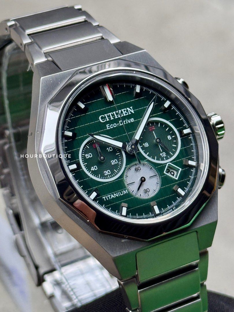 Brand New Citizen ZenShin Super Titanium Case Eco-Drive Chronograph Green Dial Watch CA4691-59X