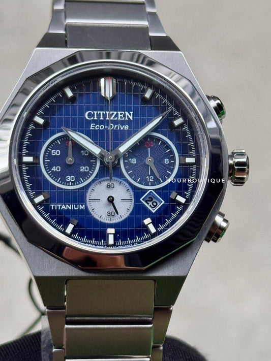 Brand New Citizen ZenShin Titanium Case Eco-Drive Chronograph Blue Dial Watch CA4691-59L