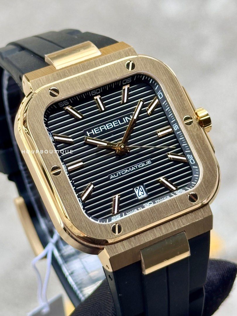 Brand New Herbelin Cap Camarat Square, Automatic PVD Gold Case Watch