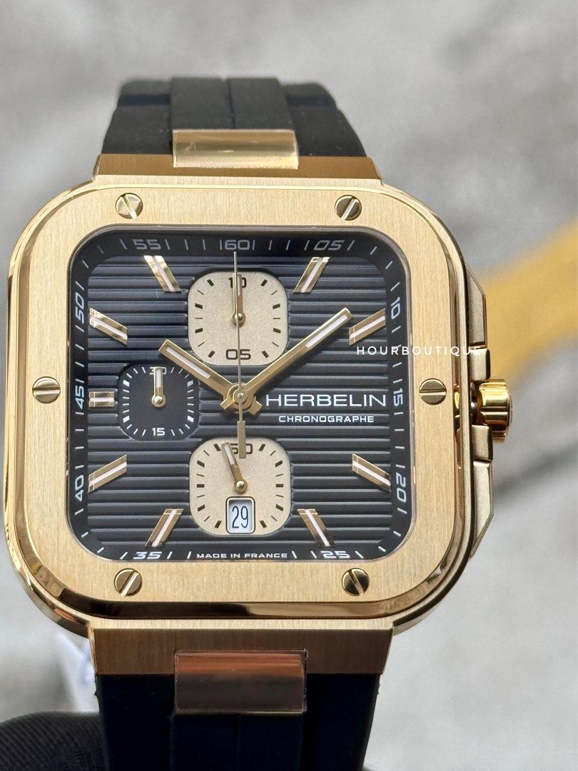 Brand New Herbelin Cap Camarat Square Quartz Chronograph PVD Gold Case Watch