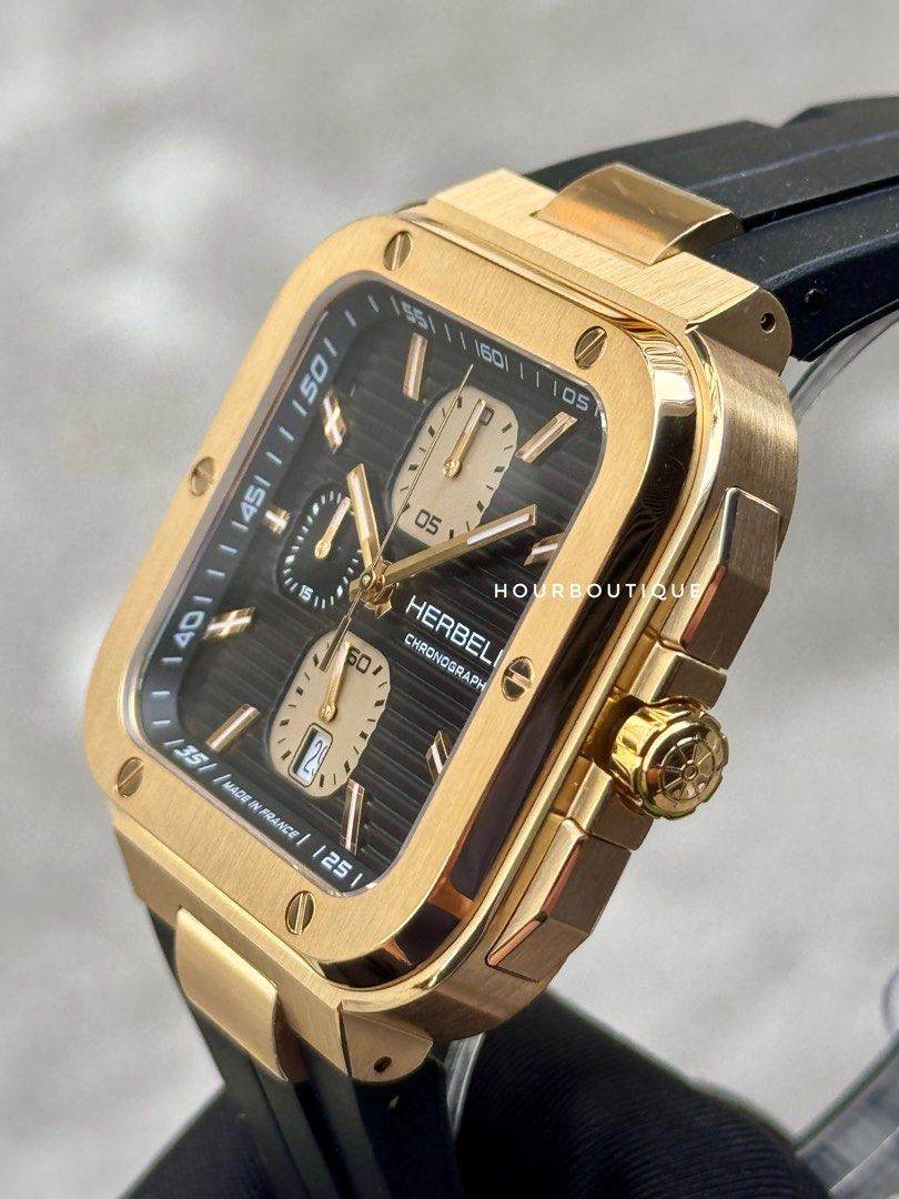 Brand New Herbelin Cap Camarat Square Quartz Chronograph PVD Gold Case Watch