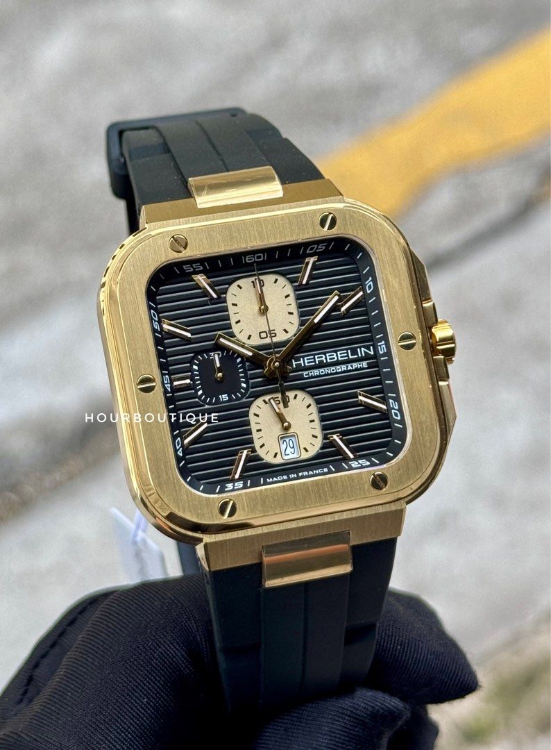 Brand New Herbelin Cap Camarat Square Quartz Chronograph PVD Gold Case Watch