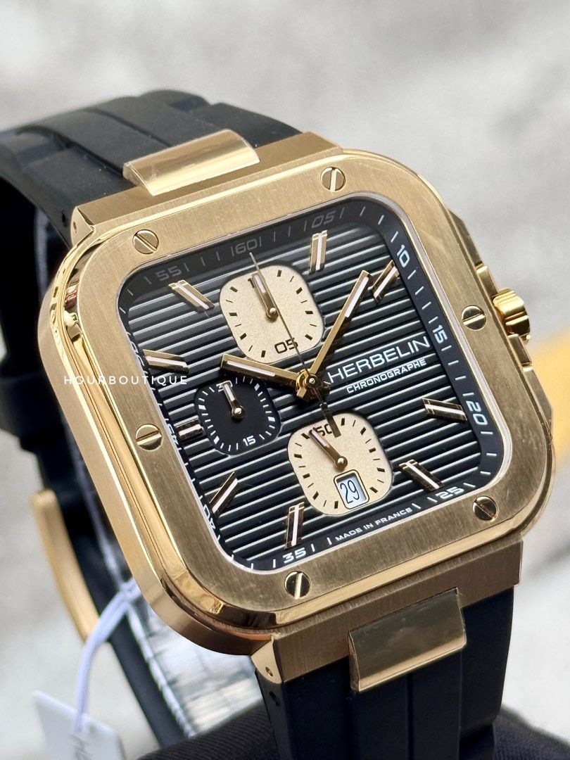 Brand New Herbelin Cap Camarat Square Quartz Chronograph PVD Gold Case Watch