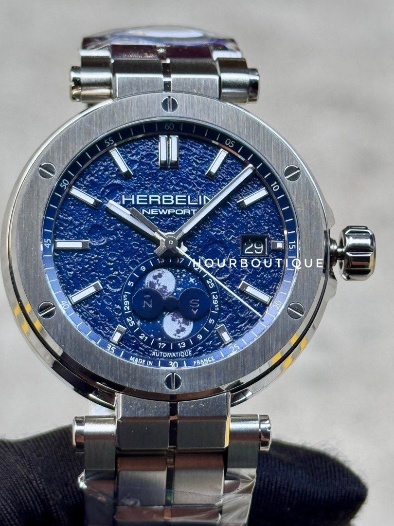 Brand New Herbelin Newport Automatic MoonPhase Moon Surface Dial Made in France Watch 2889B15