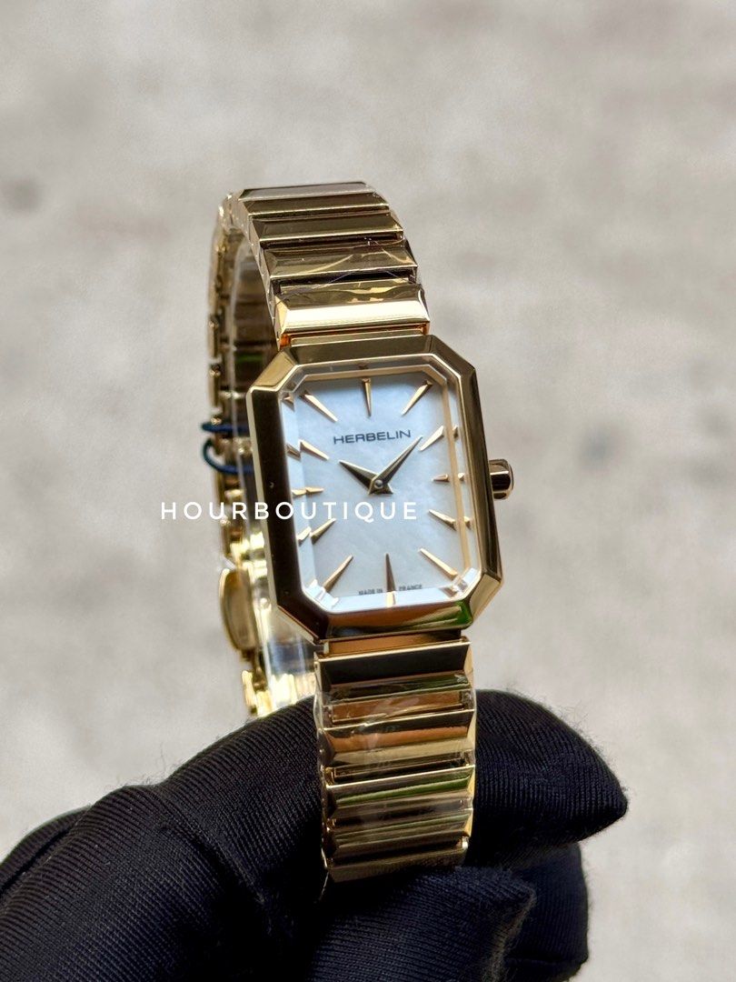 Brand New Herbelin Octogone Quartz Pearl Dial Gold PVD Made In France Watch 17556BP19