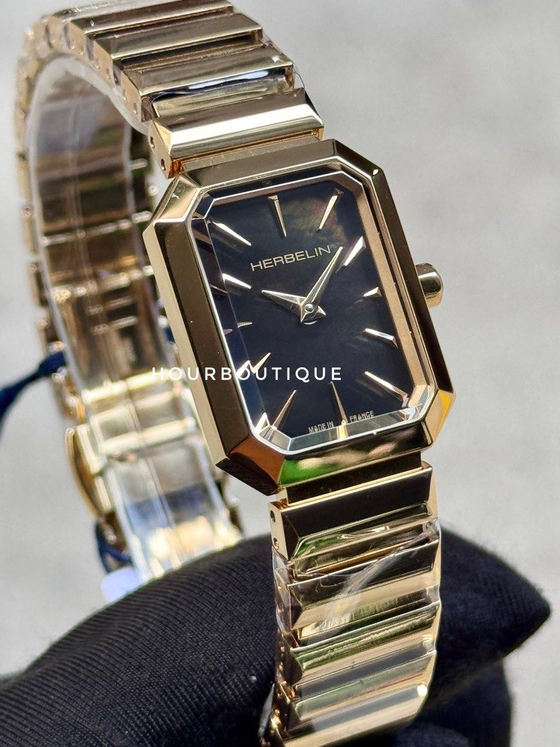 Brand New Herbelin Octogone Quartz Black Pearl Dial Gold PVD Made in France Watch 17556BP49