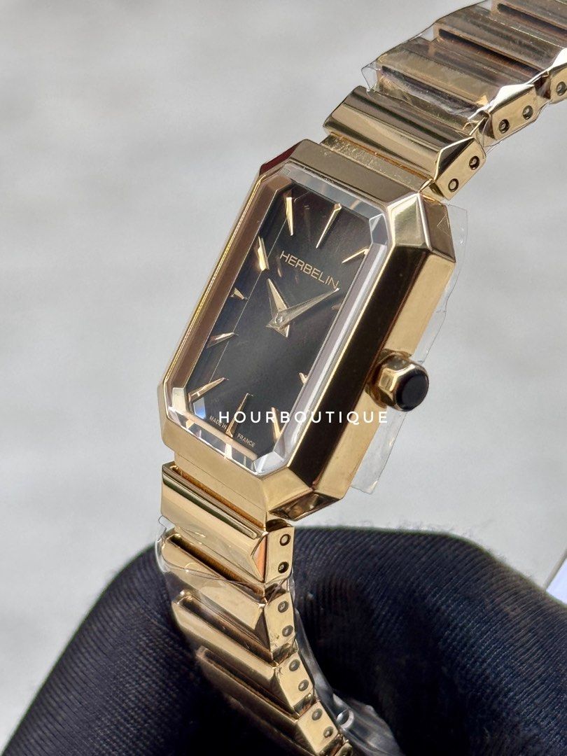 Brand New Herbelin Octogone Quartz Black Pearl Dial Gold PVD Made in France Watch 17556BP49
