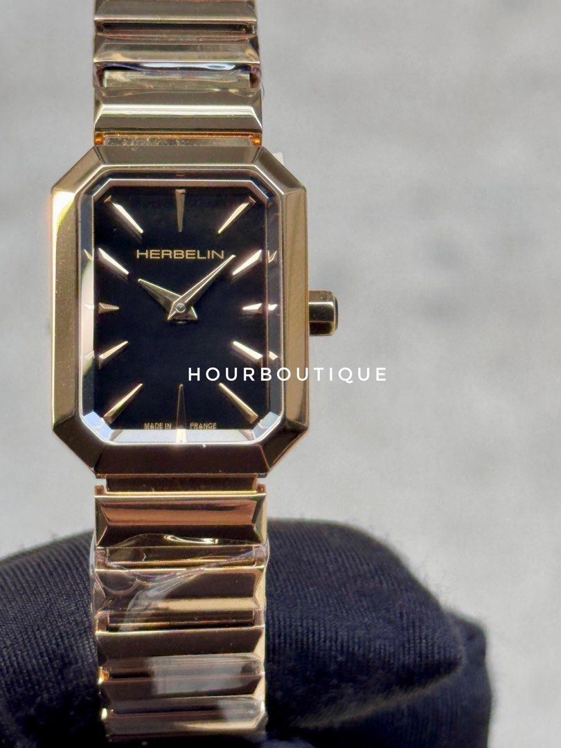 Brand New Herbelin Octogone Quartz Black Pearl Dial Gold PVD Made in France Watch 17556BP49