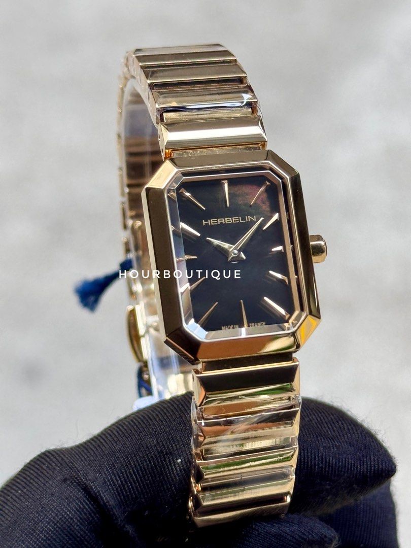Brand New Herbelin Octogone Quartz Black Pearl Dial Gold PVD Made in France Watch 17556BP49