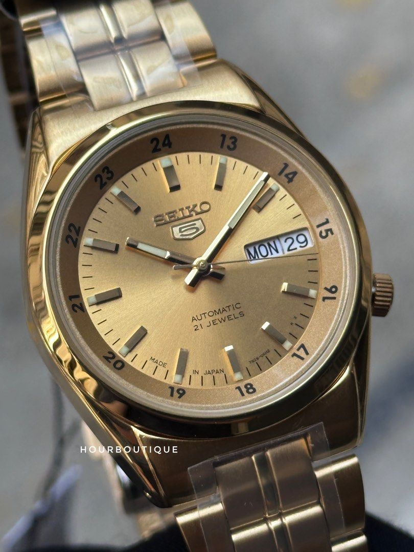 Brand New Made In Japan Seiko 5 PVD Gold Case Automatic Watch SNK574J1