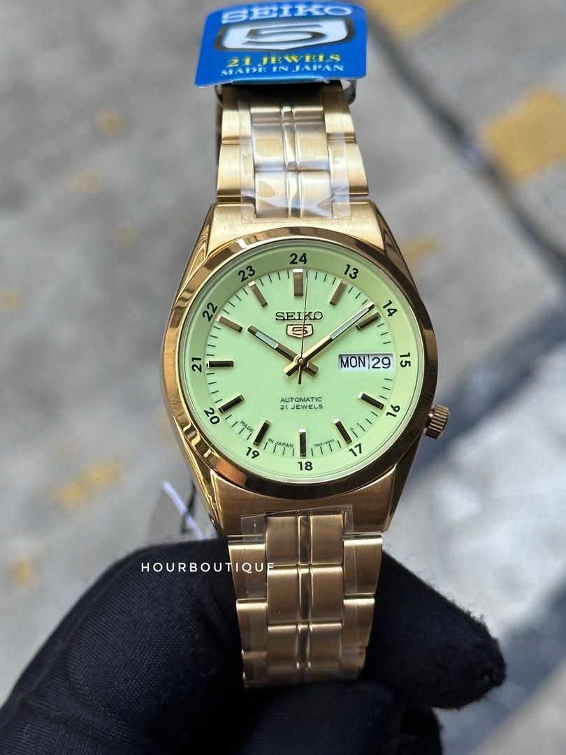 Brand New Made In Japan Seiko 5 Lume Dial PVd Gold Case Automatic Watch SNK578J1