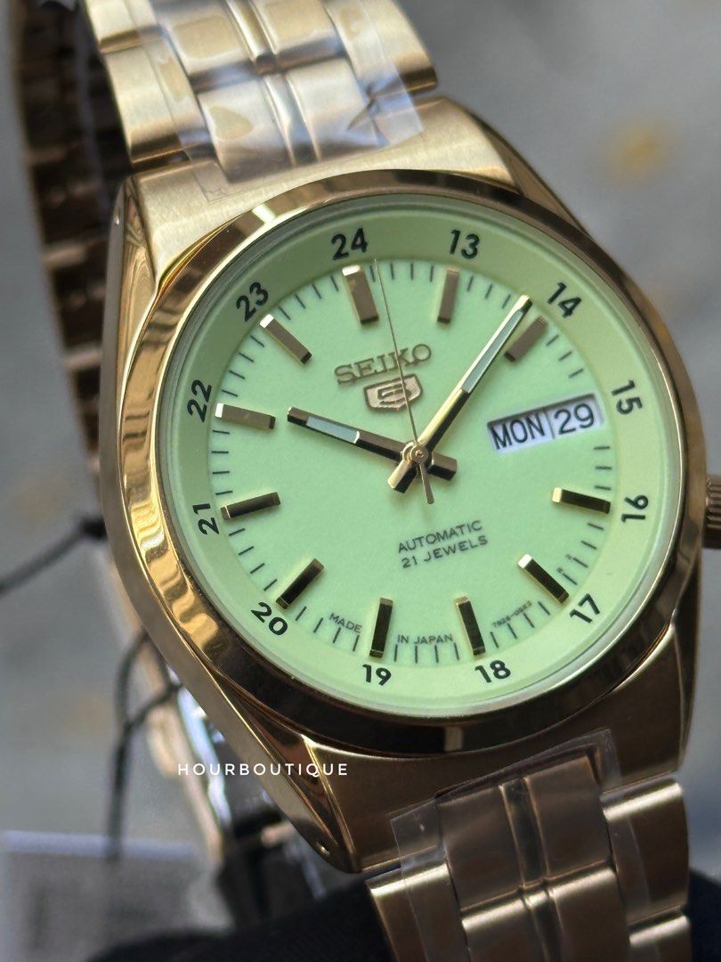 Brand New Made In Japan Seiko 5 Lume Dial PVd Gold Case Automatic Watch SNK578J1