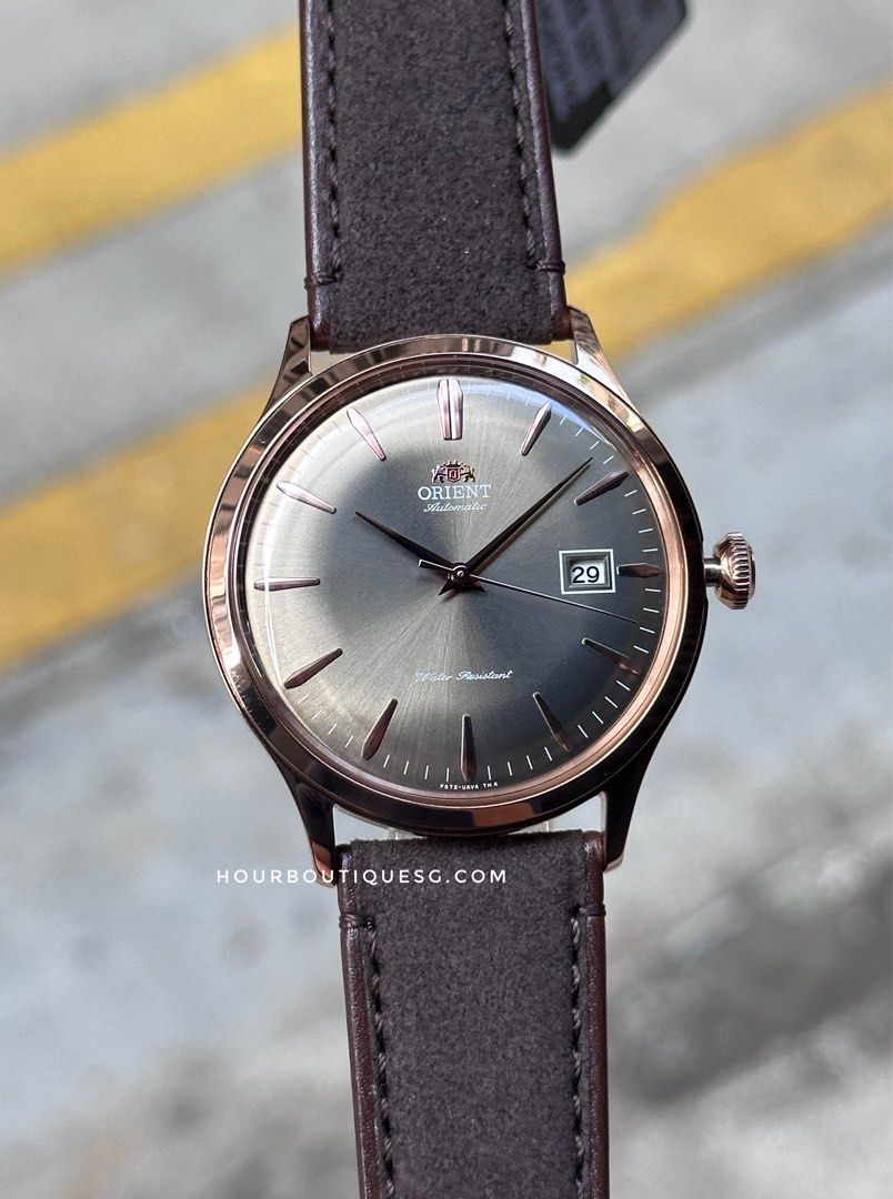 Brand New Orient Bambino Rose Gold Case, Olive Green Dial Automatic Watch RA-AC0P04Y