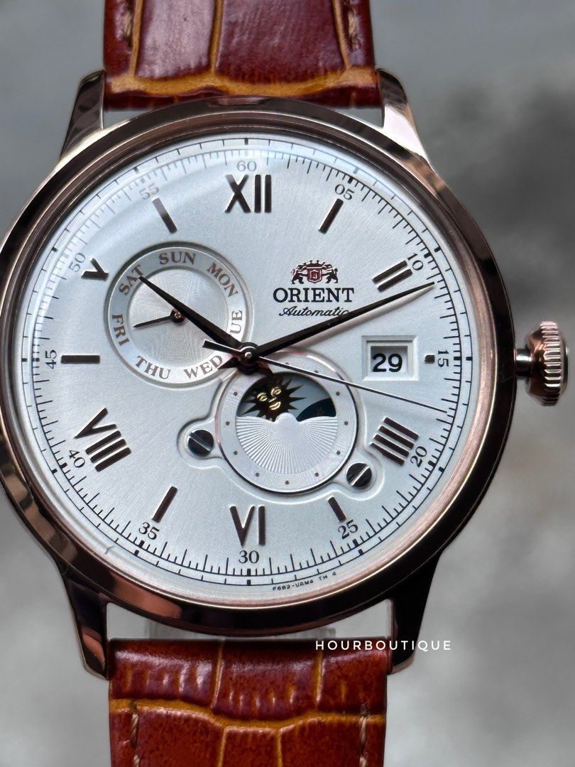 Brand New Orient Bambino Sun & Moon Rose Gold Case Automatic Men’s Watch RA-AK0801S