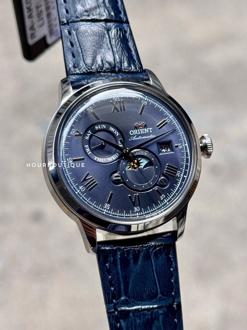 Brand New Orient Bambino Sun Moon Blue Dial Automatic Watch RA-AK0806L