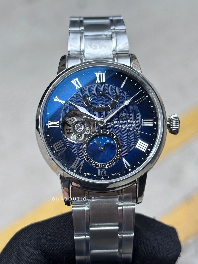 Brand New Orient Star MoonPhase Blue Textured Dial Automatic Watch