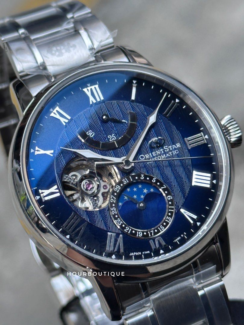 Brand New Orient Star MoonPhase Blue Textured Dial Automatic Watch RE-AY0103L