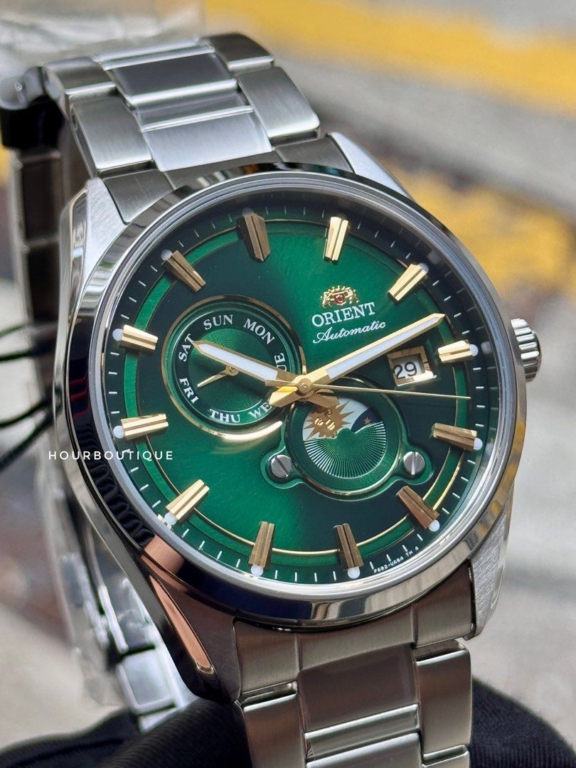 Brand New Orient Stretto Sun & Moon Green Dial Automatic Watch RA-AK0314E
