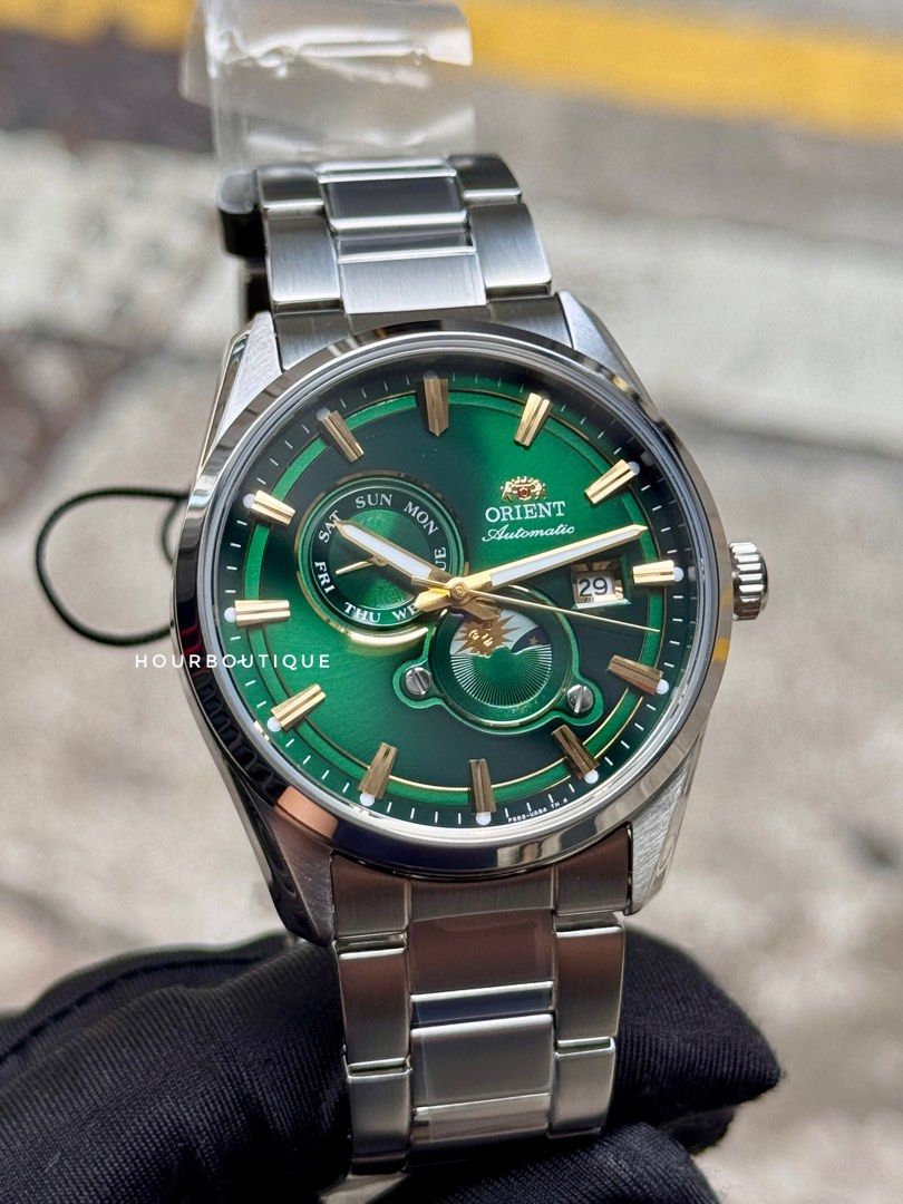 Brand New Orient Stretto Sun & Moon Green Dial Automatic Watch RA-AK0314E