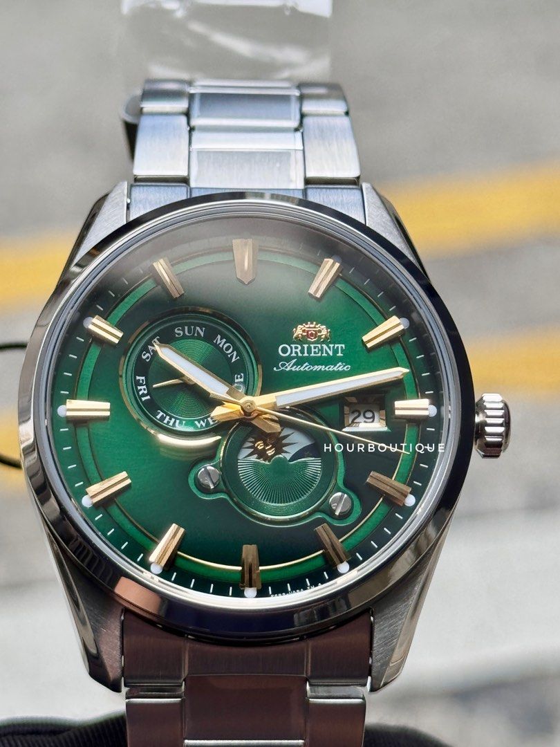Brand New Orient Stretto Sun & Moon Green Dial Automatic Watch RA-AK0314E