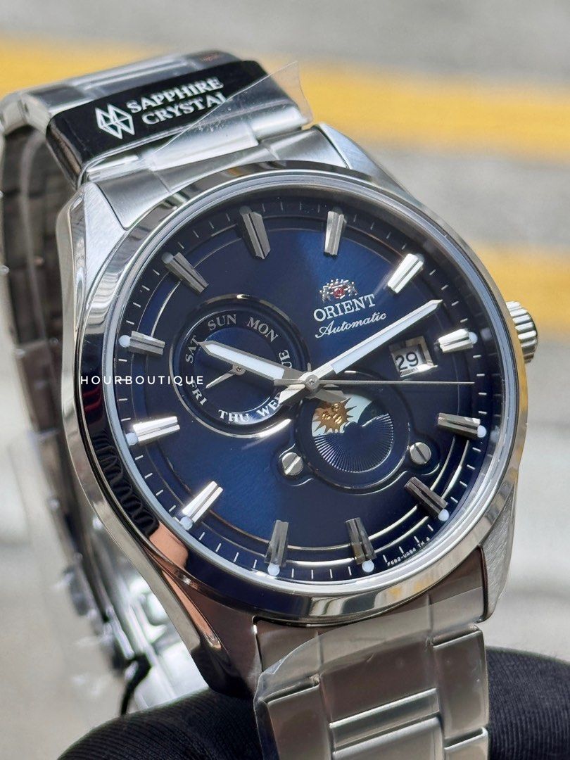 Brand New Orient Stretto Sun & Moon Blue Dial Automatic Watch RA-AK0315L