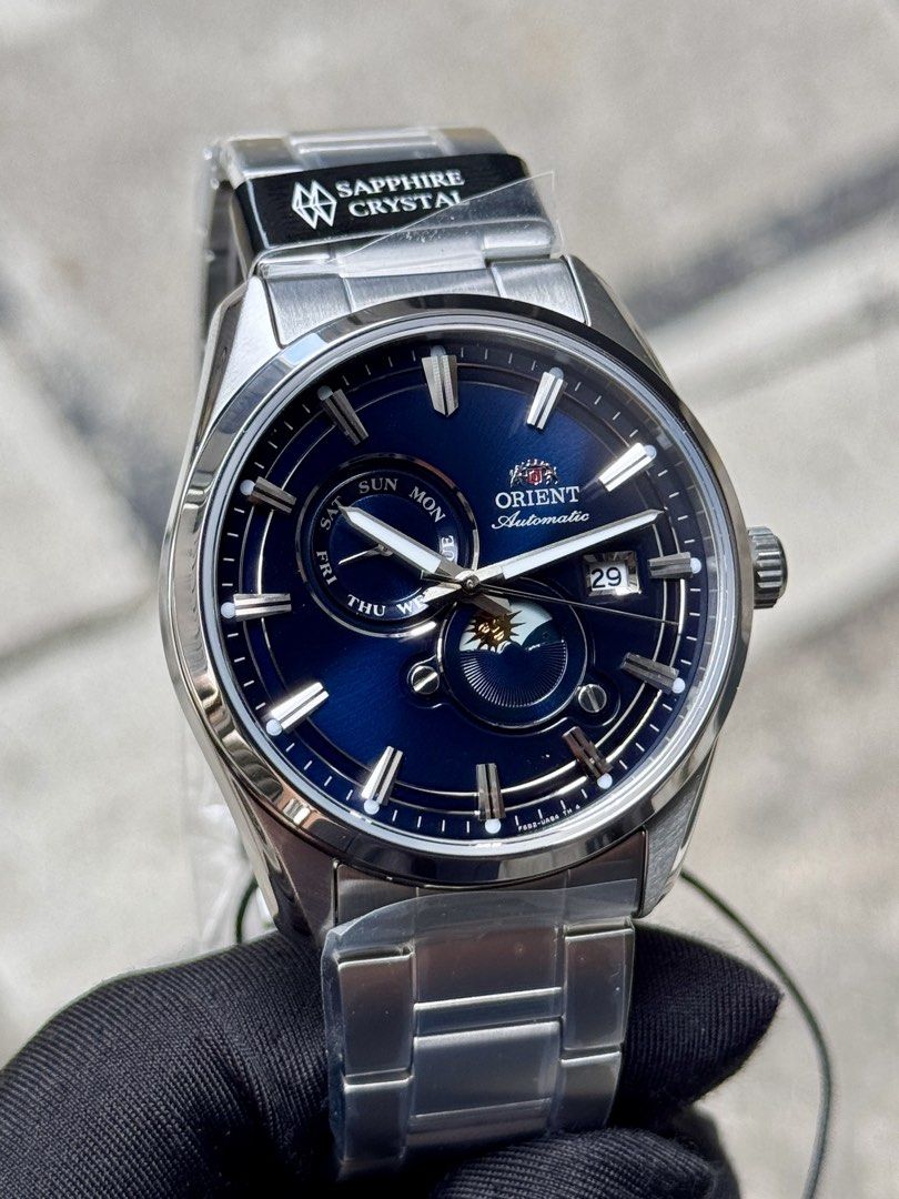 Brand New Orient Stretto Sun & Moon Blue Dial Automatic Watch RA-AK0315L