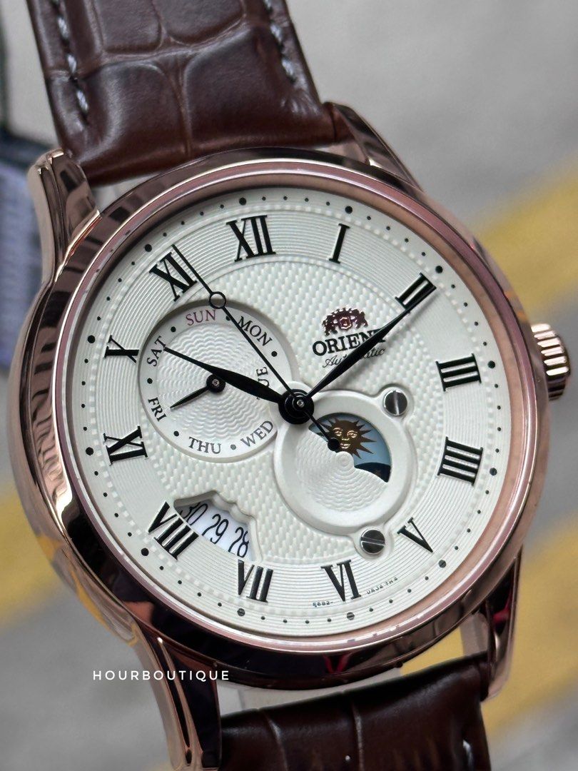 Brand New Orient Sun / Moon Automatic Men's Dress Watch , Rose Gold with Cream Dial RA-AK0007S