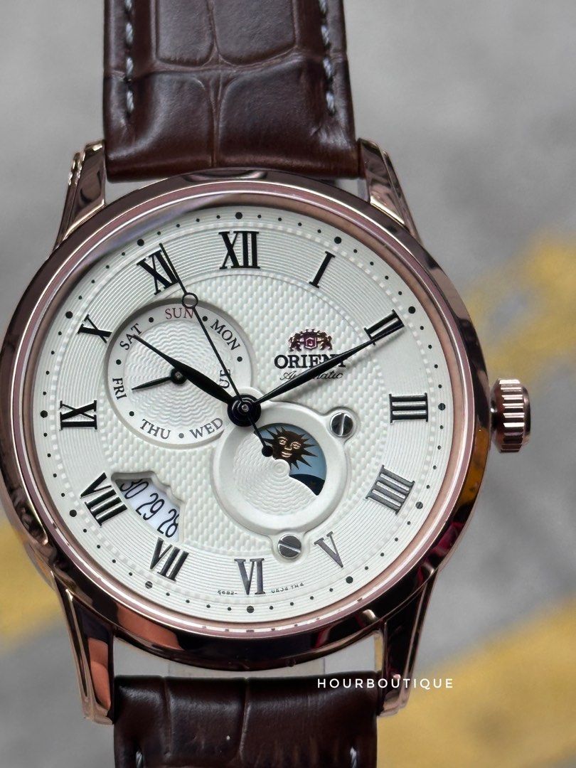 Brand New Orient Sun / Moon Automatic Men's Dress Watch , Rose Gold with Cream Dial RA-AK0007S