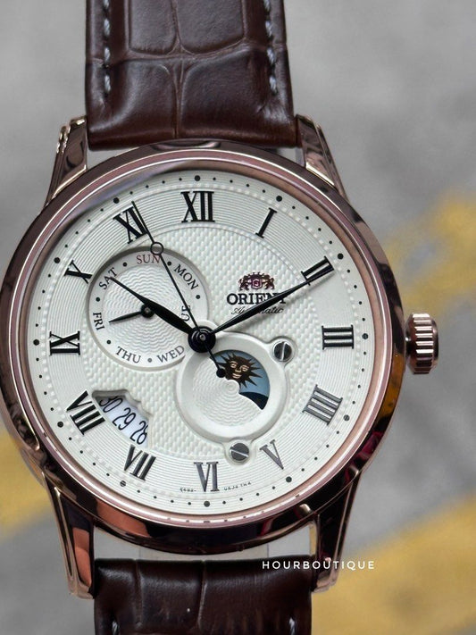 Brand New Orient Sun / Moon Automatic Men's Dress Watch , Rose Gold with Cream Dial RA-AK0007S