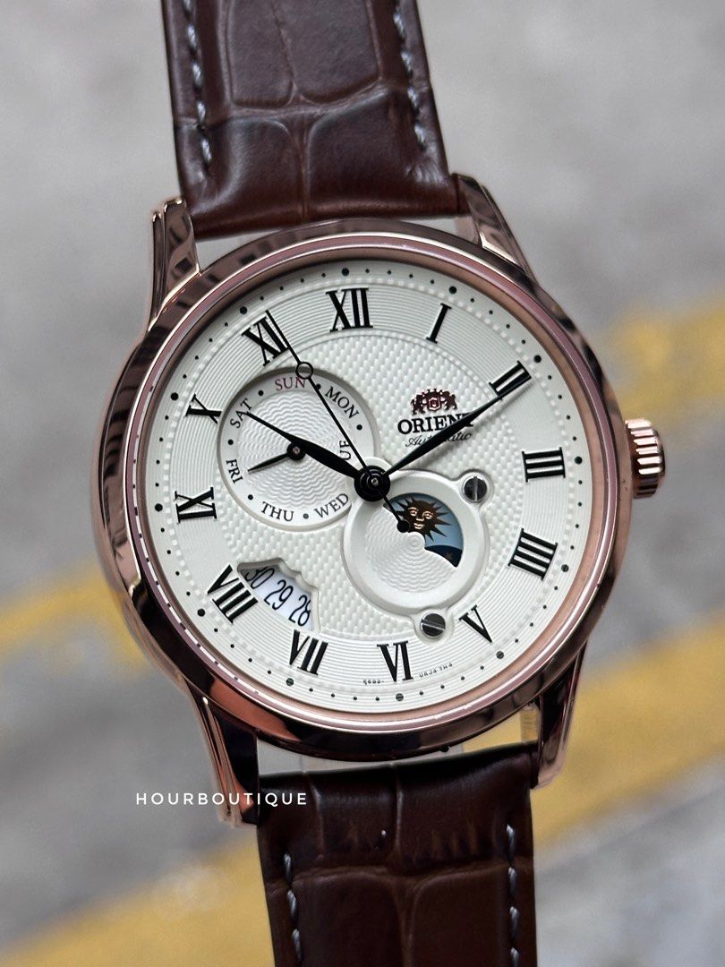 Brand New Orient Sun / Moon Automatic Men's Dress Watch , Rose Gold with Cream Dial RA-AK0007S