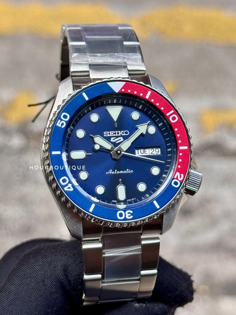 Brand New Seiko 5 Blue Red Bezel Automatic Mens Casual Watch SRPD53K1