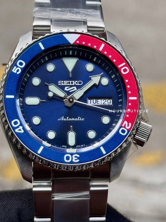 Brand New Seiko 5 Blue Red Bezel Automatic Mens Casual Watch SRPD53K1