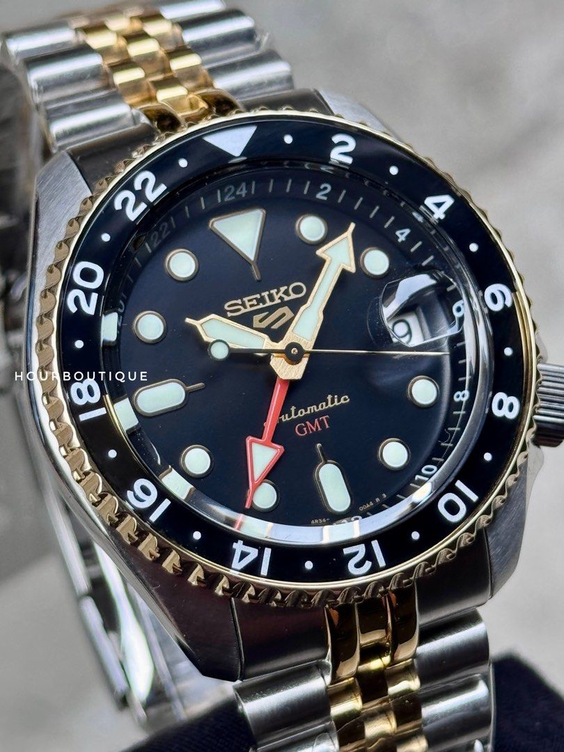 Brand New Seiko 5 GMT Two Tone Automatic Watch with after market bracelet SSK036K1