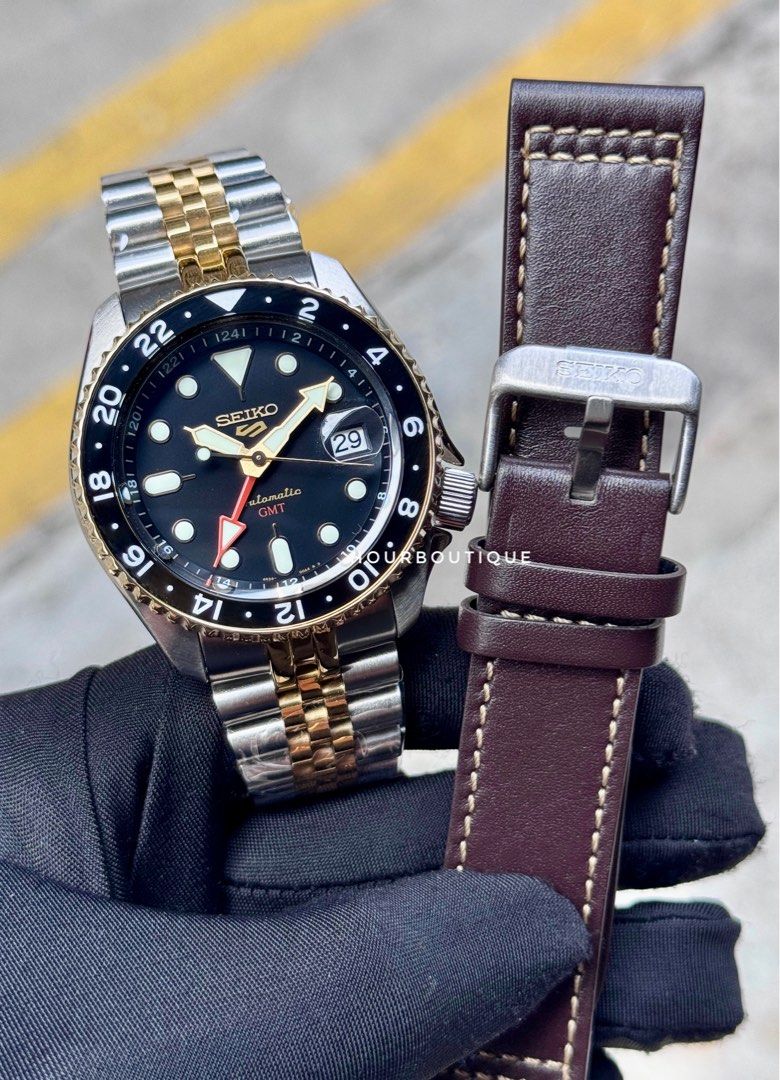 Brand New Seiko 5 GMT Two Tone Automatic Watch with after market bracelet SSK036K1