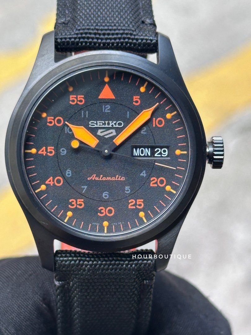 Brand New Seiko 5 PVD Black With Orange Index Automatic Watch SRPH33K1