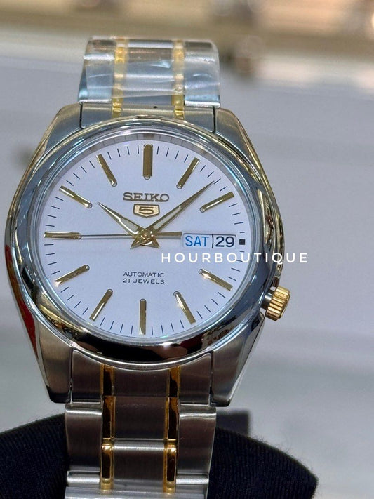 Brand New Seiko 5 Two Tone White Dial 37mm Automatic Watch SNKL47K1