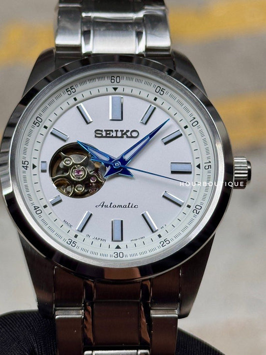 Brand New Seiko Automatic Open Heart White Dial Watch SCEV049