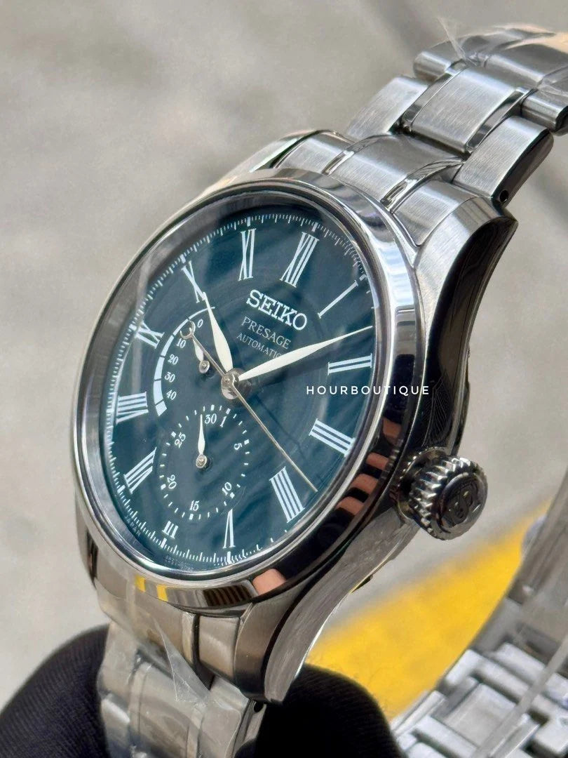 Brand New Seiko Boutique Exclusive Green Enamel Presage Automatic Dress Watch SPB173J1