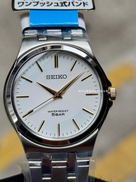 Brand New Seiko Japan Exclusive White Dial Gold Index Quartz Watch 36mm SCXP025