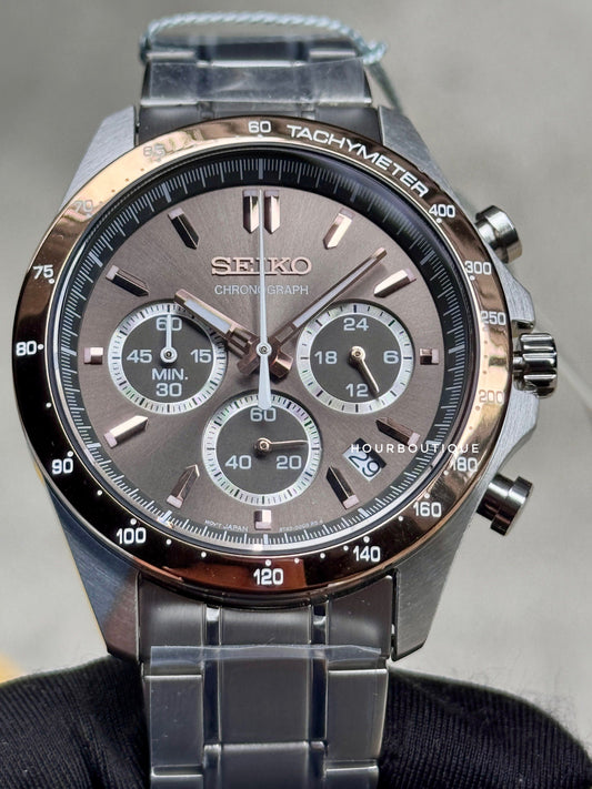 Brand New Seiko Japan Exclusive Rose Gold Bezel Quartz Chronograph Watch SBTR026
