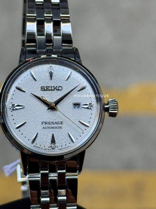 Brand New Seiko Presage Frost White Dial with 4 Point Diamond Automatic Watch SRE017J1