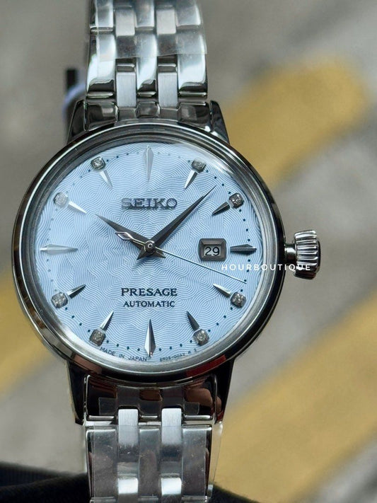 Brand New Seiko Presage Ladys Pastel Blue Dial With Genuine Diamond Index Automatic Watch SRE007J1